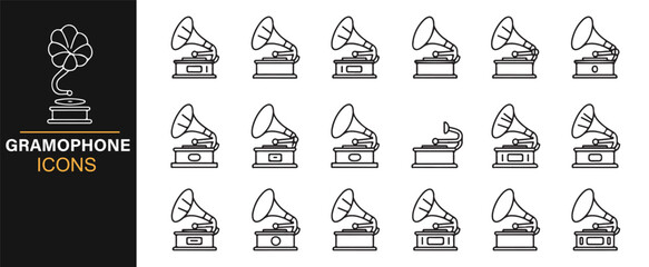 Minimalist gramophone vector icons – antique record players in modern outline style