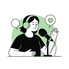 Vector art of a woman is recording a podcast with a microphone and headphones, she is sharing her thoughts and ideas with the world