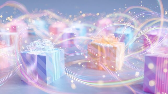 aurora borealis Christmas gifts, floating presents with colorful light trails, minimalist northern lights background, soft pastel colors, abstract ribbon patterns, starry sky