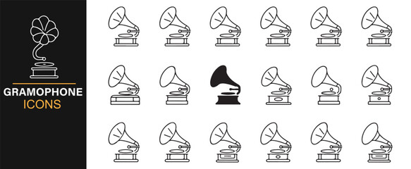 Gramophone vector icon set – antique phonograph line art for nostalgia and history projects