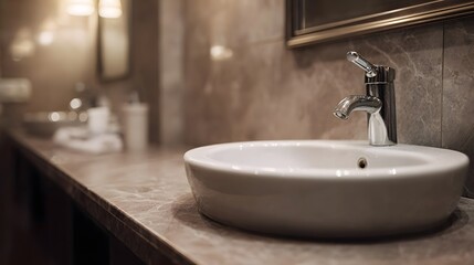 Fototapeta premium A clean modern bathroom sink with a chrome faucet and elegant marble countertop illuminated by soft light