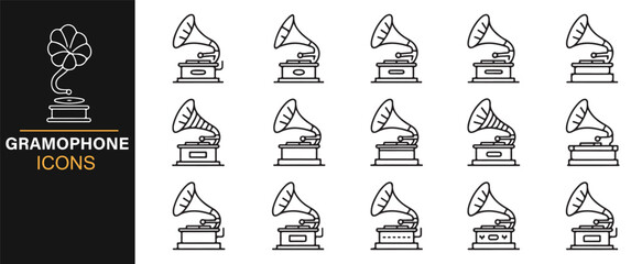 Gramophone icon set in line art – antique phonograph and retro record player illustrations