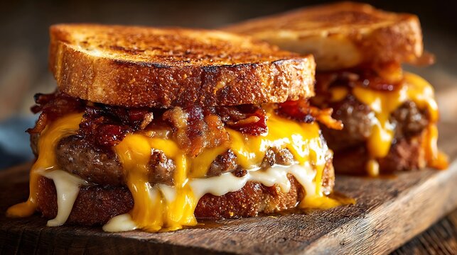 A melted cheese, bacon, and burger sandwich served on toasted bread, with a juicy patty, crispy bacon, and golden melted cheese oozing out, placed on a rustic wooden board