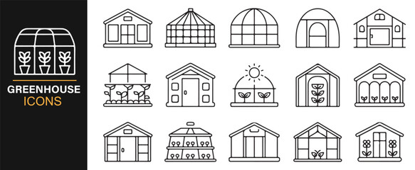 Greenhouse abstract icons – line art design for gardening, organic farming, and botany themes