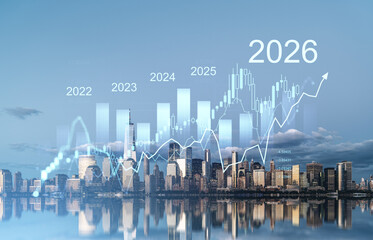 Financial growth chart with future investment goals and startup plan over New York Manhattan skyline projected to 2026 on a clear blue sky background.