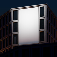 Nighttime poster mockup on modern building facade with illuminated blank billboard for advertising or branding concept display. 3D Rendering