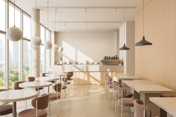Modern minimalist cafe interior with round tables, pendant lighting, and large windows overlooking cityscape in natural daylight. 3D Rendering