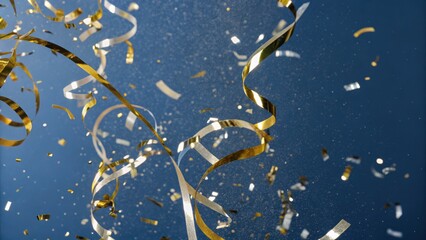Fototapeta premium Creative Launch Party Concept. Colorful confetti and ribbons swirl against a blue background, creating a festive and celebratory atmosphere.