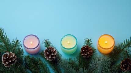 Colorful candles in glass holders surrounded by pine branches and pine cones create a cozy atmosphere, perfect for festive celebrations and seasonal decor ideas