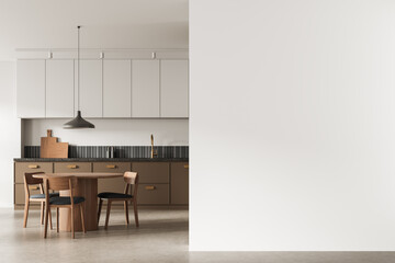 Modern kitchen and dining area mockup with wooden furniture and blank wall for poster or concept design presentation display space. 3D Rendering