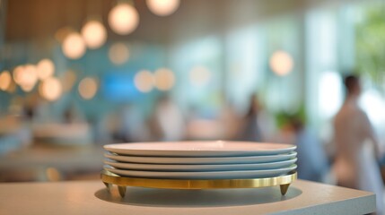 トレイ。サービングトレイにエレガントに並べられたお皿を、柔らかな光の中で真上から撮影した写真です。