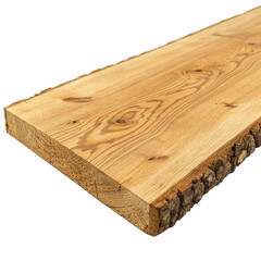 Rough sawn pine wood plank with natural bark edge isolated on transparent background