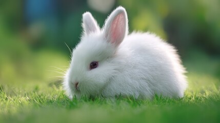 ウサギ。春の草原で、ぼんやりとした緑の草と柔らかな自然光に囲まれた、ふわふわの白いウサギが休んでいます。野生動物雑誌。