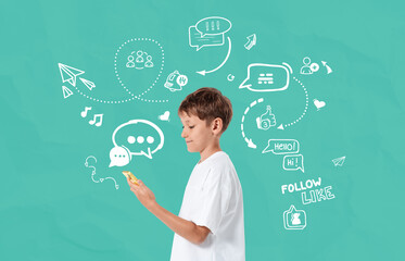 Kid using smartphone with social media icons and communication c