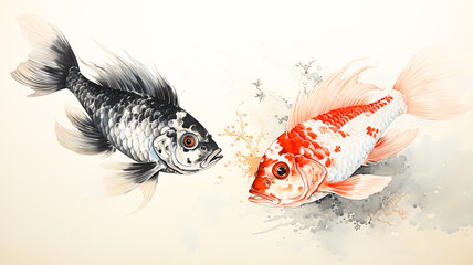 A colorful painting of a koi fish swimming in nature.