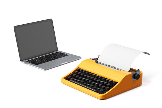 Modern laptop and vintage yellow typewriter with paper on white background, symbolizing evolution of writing tools and digital transformation concept. 3D Rendering