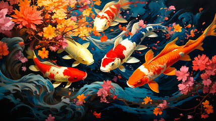 A colorful painting of a school of koi fish swimming in nature.