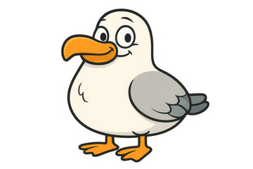 Cheerful seagull cartoon mascot standing, smiling character for children's designs, transparent background