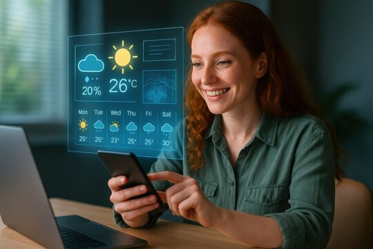 Engaging with weather forecasts young woman using smartphone in modern workspace digital interface indoor environment tech concept