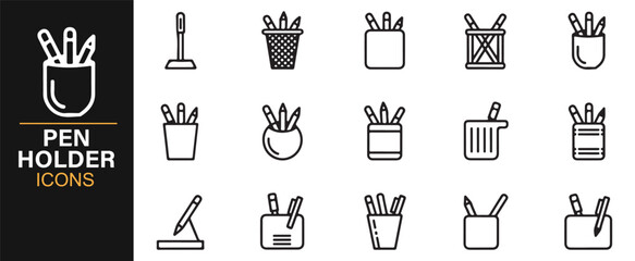 Pen holder outline illustrations – workplace and study desk organization vector symbols