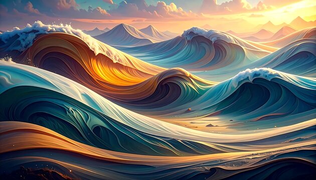 Colorful, stylized waves rolling over a landscape