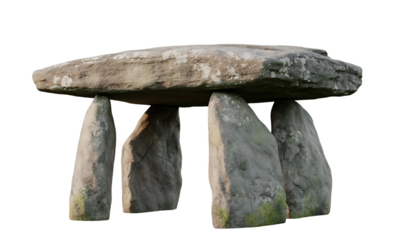 Dolmen isolated on transparent background, a prehistoric monument consisting of a large flat stone supported by upright stones, showcasing ancient architecture