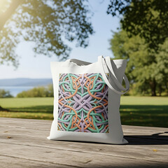 White Tote Bag with Colorful Interwoven Pattern on Outdoor Wooden Table