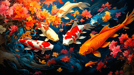 A painting of a school of koi fish swimming in nature with beautiful flowers.