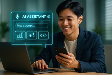 Ai assistant interaction office setting digital content modern workspace professional viewpoint enhancing productivity with technology