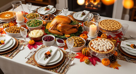 A thanksgiving table setting with turkey pie and various side dishes