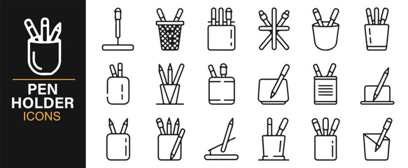 Office stationery organizer icons – black and white pen holder illustrations in line art style