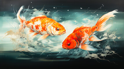 Koi fish are fresh, swimming in nature, and there are beautiful flowers.