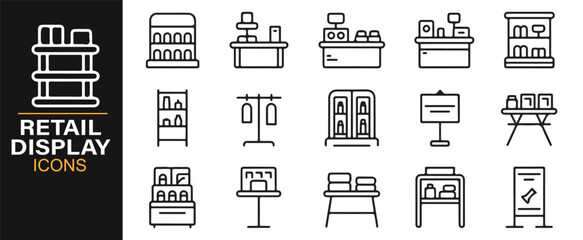 Vector icon set of retail displays for business, commerce, and store presentation projects