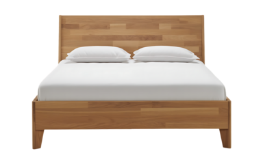 Front view of a wooden bed frame with a headboard and two pillows on a white mattress, isolated on transparent background, showcasing a modern and minimalist bedroom design