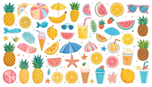 Colorful summer collection of tropical fruits and beach items