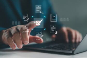 Business compliance document approval with quality assurance, audit checklist, digital certification process, corporate governance, standard regulation, control management and organizational success