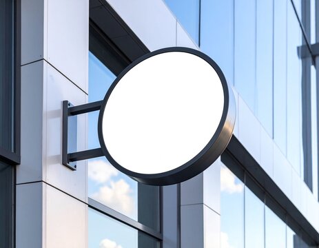 Showcase your brand with this modern round blank sign mockup against a striking glass building backdrop, perfect for attracting new customers and boosting visibility