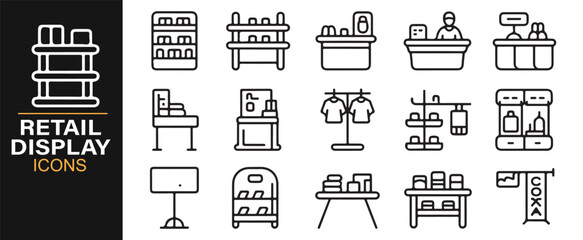 Line art retail display icon set for store shelves, racks, counters, and supermarket themes