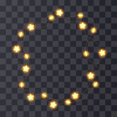 Light garland wreath, bulb string vector bg. Fairy holiday party decor, white gold xmas festive border. Star isolated element, winter ribbon png. New year banner decoration, bright glow led lamp frame