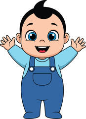 Cartoon baby, raised arms, cheerful expression, standing pose, blue overalls, smiling face, vector illustration, kids theme, stock art, white background