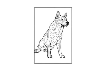 A detailed black and white line art drawing of a sitting dog, resembling a Thai Ridgeback or similar spitz-type breed, with upright ears and a muscular build.