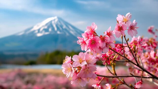 A field of Japanese cherry blossoms framing Mount Fuji, delicate, blooming, ephemeral, peaceful, scenic, in the style of romantic impressionism, wide-angle landscape, soft, diffuse
