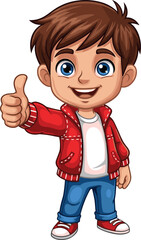 Cartoon boy, thumbs up, cheerful character, approval gesture, vector illustration, kids theme, positive attitude, stock art, white background, smiling child