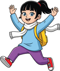 Cartoon child skipping joyfully, wearing backpack and safety gear, cheerful expression, school excitement, colorful illustration, white background, vector art