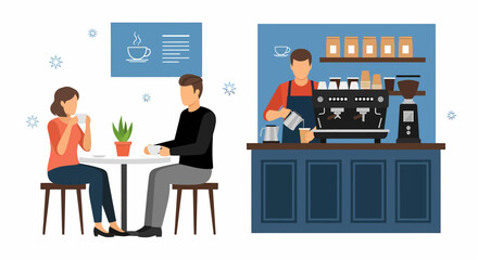 A vector illustration of a coffee shop scene with a barista making coffee and a couple enjoying their drinks at a table.