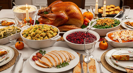 A thanksgiving table laden with a roasted turkey and various side dishes