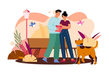 Loving Couple with Golden Dog Enjoying Together on a Wooden Bench in Sunny Park Vector Illustration