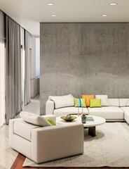 Large luxury modern bright interiors Living room mockup illustration 3D rendering image