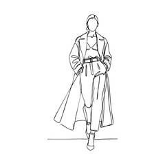 Confident woman walking in fashionable outfit, continuous vector line art illustration with long coat and modern style