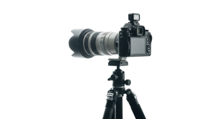 Camera on tripod isolated on transparent background for professional photography work